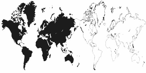 A stark black and white depiction of the world s continents and oceans © Juel