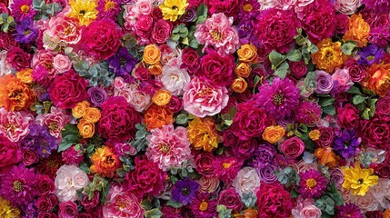 A breathtaking full frame display of vibrant garden flowers creating a rich and colorful tapestry