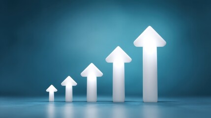 White Arrows Pointing Upward on Smooth Surface with Soft Blue Lighting for Growth, Success, and Progress Themes in Business Visuals