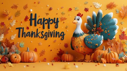 Cartoon turkey, pumpkins, autumn leaves, "Happy Thanksgiving" text on orange background.