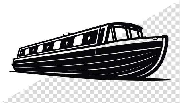 Black narrowboat illustration a classic canal boat silhouette for travel and leisure concepts isolated on a transparent background