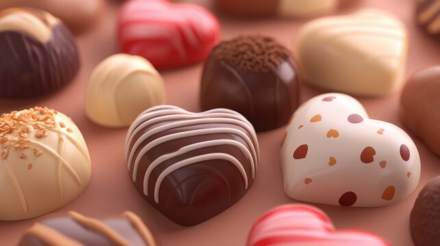 Different types of chocolate shaped like hearts are placed together on a surface. Each piece has unique designs and colors making for a colorful display that may attract attention.