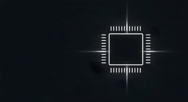 Futuristic digital microchip outline glowing on a dark background, representing processor power and artificial intelligence concept with copy space.