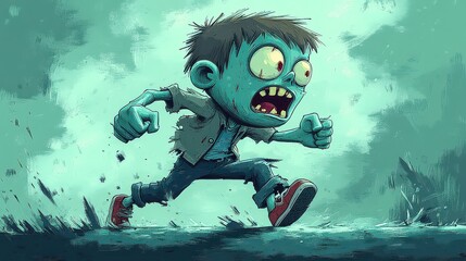 Cartoon zombie boy running, spooky, green.
