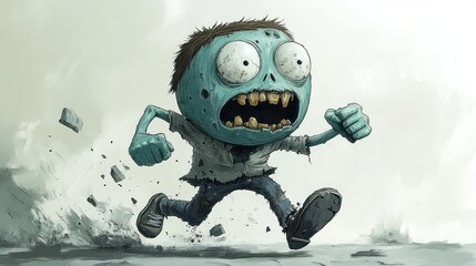 Cartoon zombie child running, scared expression, tattered clothes, debris.