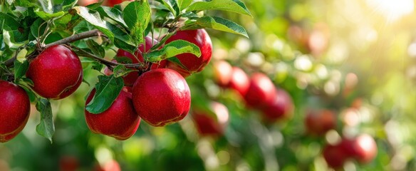 Obraz premium The apples on a sunlit orchard branch ready for harvest in summer