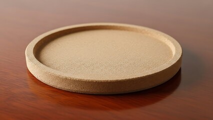 Neutral Textured Round Tray on Polished Wooden Surface Presentation