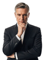 Thoughtful businessman in suit isolated on transparent background