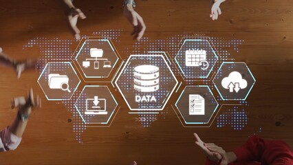 Hands surround a world map displaying digital icons that represent data management, showcasing collaboration, technology, and cloud storage in a modern business environment. Raster