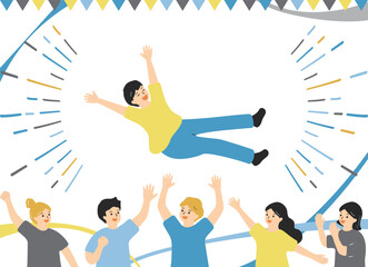 胴上げで祝う人たち