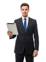 Businessman holding tablet isolated on transparent background