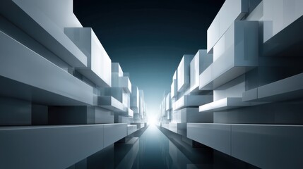 Abstract geometric perspective with sleek white blocks creating a futuristic corridor leading towards a bright light in a dark background