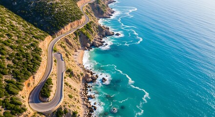 Curving coastal road overlooking a vibrant turquoise sea with waves crashing against rugged cliffs and lush vegetation