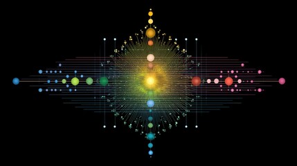 Abstract representation of cosmic energy flow, vibrant circles and lines converging around a central light source on a dark background