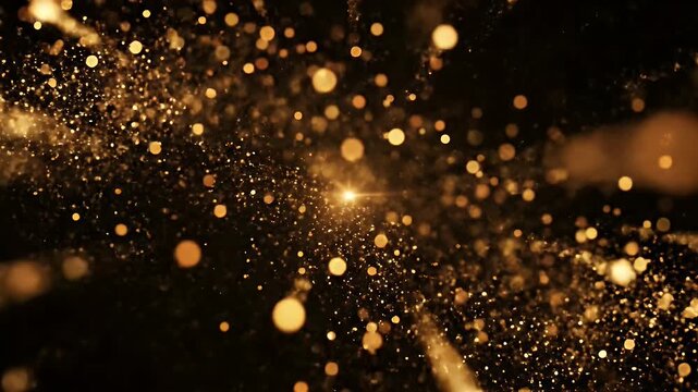 Golden Explosion of Light and Particles - This video shows an abstract explosion of golden light and shimmering particles emanating from a central point, creating a dynamic and radiant visual effect.