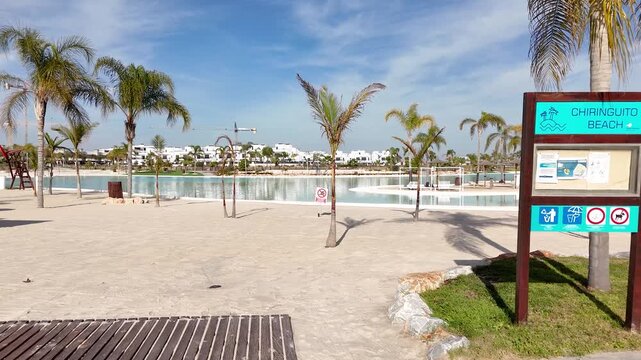 Chiringuito Beach sign at artificial tropical lagoon in Santa Rosalia resort
