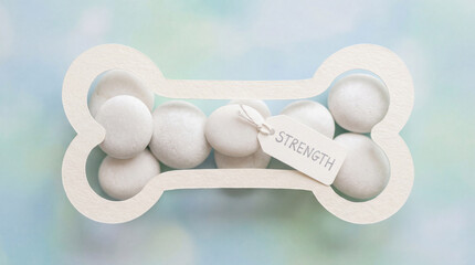 Bone health skeletal strength wellness concept illustrating calcium vitamin nutrition importance for osteoporosis prevention fracture risk reduction through dietary supplement lifestyle 