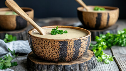 Salad Dressing, Fresh wasabi soy dressing served in a modern dipping bowl, showcasing a vibrant culinary presentation ideal for food-related projects.