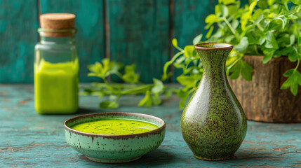 Salad Dressing, Modern dipping bowl with wasabi soy dressing, beautifully presented in a stylish setting. Perfect for culinary and food photography.
