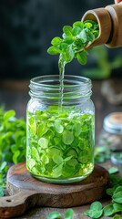 Salad Dressing, Delicious white wine vinaigrette featuring floating herbs, perfect for enhancing salads or culinary presentations. Ideal for food photography and recipes.