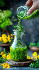 Salad Dressing, White wine vinaigrette with fresh herbs, perfect for enhancing salads and culinary dishes, presented in a visually appealing manner.