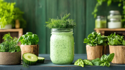 Salad Dressing, Yogurt dill dressing served in a mason jar, showcasing a stylish and practical way to present dressing for salads or dips. Perfect for food photography.
