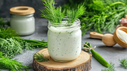 Salad Dressing, Delicious yogurt dill dressing served in a mason jar, perfect for a fresh salad or as a flavorful dip, ideal for healthy lifestyle imagery.