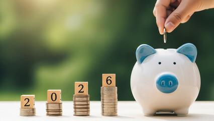 Hand putting coin into piggy bank with growing coin stacks
