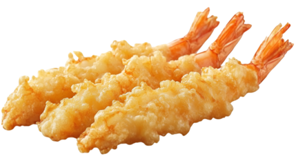 Three perfectly golden brown shrimp tempura pieces ready for serving on transparent background