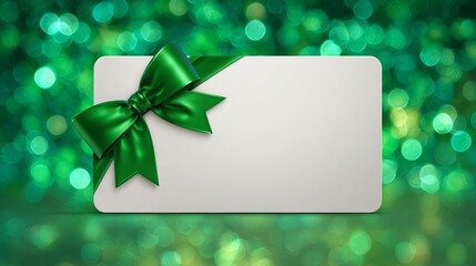 Rectangular white card with green background, satin bow, glowing green bokeh, festive, elegant design