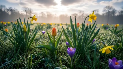 Vibrant spring meadow with colorful flowers and glistening dewdrops under bright morning sunlight