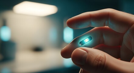Close-up of human hand carefully holding a glowing data microchip against a futuristic background, for advanced technology concept and digital integration