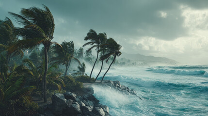 Strong wind hurricane hitting island flood concept. Dramatic seascape with strong winds and crashing waves.