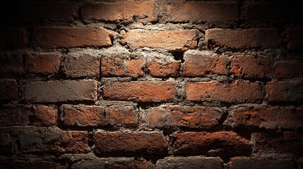 Rustic charm of an aged red brick wall illuminated by a dramatic spotlight