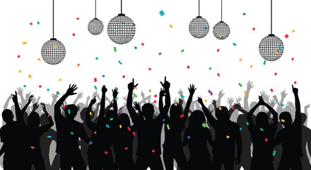 Abstract colorful party dance background with silhouettes of people dancing