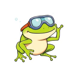 Obraz premium Smiling green frog wearing blue swimming goggles with an orange strap waving Animal