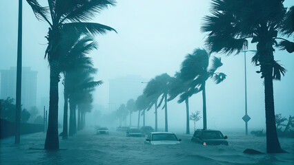 Flooded streets on tropical island post hurricane concept. Heavy rain and flooding with palm trees swaying in strong winds.