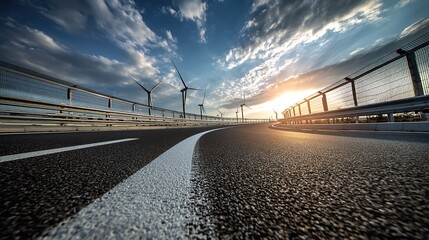 A winding road leads towards a future of sustainable energy with wind turbines under a dramatic sunset sky