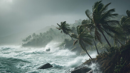 Strong wind hurricane hitting island flood concept. Stormy coastal scene with swirling waves and swaying palm trees.