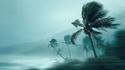 Flooded streets on tropical island post hurricane concept. Stormy coastal scene with swaying palm trees and crashing waves.