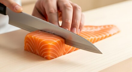 Professional chef's hands precisely slicing fresh raw salmon fillet with a sharp knife on a wooden board for sashimi or healthy meal concept