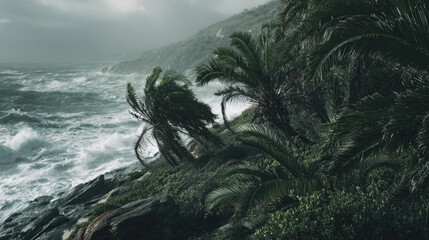 Strong wind hurricane hitting island flood concept. Stormy coastline with palm trees swaying in fierce winds.