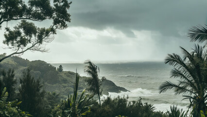 Strong wind hurricane hitting island flood concept. Stormy coastline with waves crashing against rocky shore.