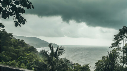 Strong wind hurricane hitting island flood concept. Stormy ocean landscape with dark clouds and lush greenery.