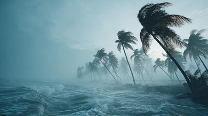 Flooded streets on tropical island post hurricane concept. Stormy ocean scene with swaying palm trees and turbulent waves.