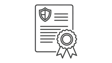 Line art icon of a certified document with security shield and award ribbon seal