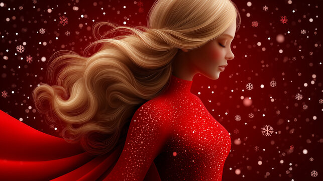 Frau mit langen blonden Haaren im roten Kleid vor rotem Sternenhintergrund