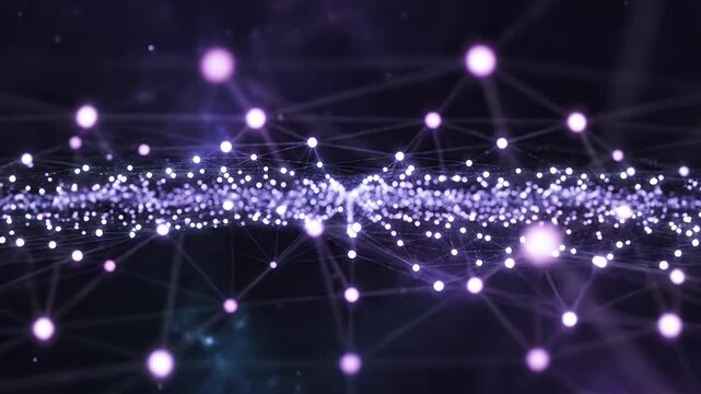 Abstract Network Connection with Glowing Nodes - An abstract video shows a network of connections formed by glowing purple nodes and thin lines.