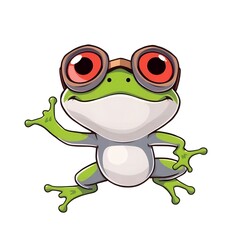 Obraz premium A cartoon green frog wearing vintage pilot goggles and waving happily Animal Happy