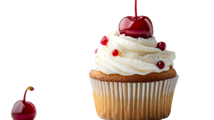 Delicious vanilla cupcake with creamy white frosting and a bright red cherry topping on black on transparent background